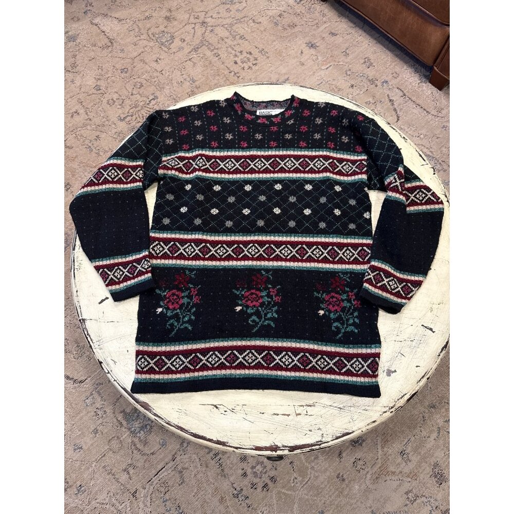 Basic Editions Women's VTG Med Black Fair Isle Knit Sweater‎ Cottagecore